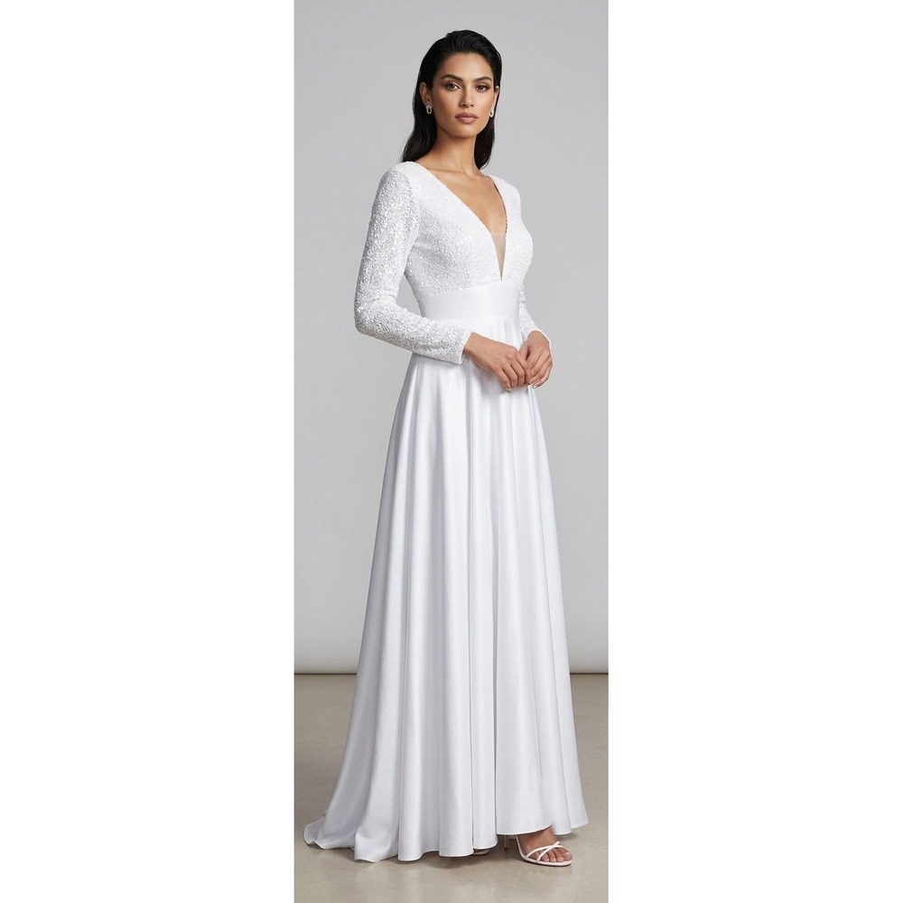 Unbranded Formal Gown Women XL White Sequin Lace V-Neck Corset Back Long Sleeve